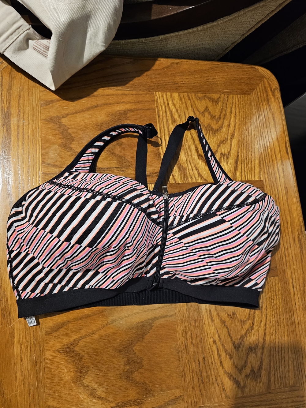 VSX Pink & Black Striped Sports Bra 40 DD.  Formed Inside zip Outside X Back